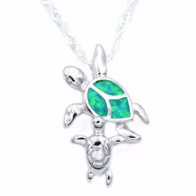 Ocean Blue Fire Opal Pendant Necklace Featuring Sea Turtle Mom and Baby-in