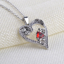 Lovely Mom Red Crystal Necklace Love Heart Rose Flower Silver Plated Pendan