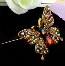 2" Vintage Butterfly Brooch Antique Gold Tone Rhinestone Crystal Diamante J