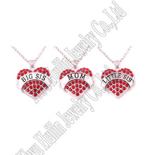Set of 3 Big Sis MOM Little Sis Clear Crystal Heart Pendant Emblem Necklace