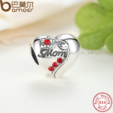 BAMOER Authentic 925 Sterling Silver MOM Red Heart Charms fit  Bracelets Mo
