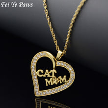 Fei Ye Paws Silver Color Crystal Zircon Cat Mom Heart Pendant Necklaces Cat