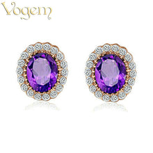 VOGEM Purple Green Blue Red Round Crystal Stud Earrings Vintage Flower Cubi