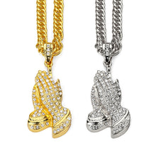 Gold Color Praying Hands Pendants Bling Jewelry Gifts Full Hand Crystal Nec