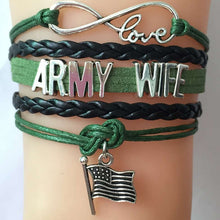 (10pcs/lot) Infinty Love ARMY MOM/AUNT/SISTER/WIFE Bracelet Flag Charm Leat
