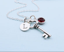 Custom Initial Letter Silver Key Pendant Necklaces,Personalized Birthstones