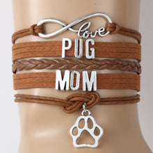(10pcs/lot) Infinity Love PUG MOM Bracelet Dog Paw Charm Leather Rope Wrap