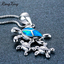RongXing Mom & Baby Turtle Blue Fire Opal Pendants Necklaces For Women 925