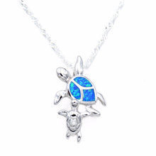 Ocean Blue Fire Opal Pendant Necklace Featuring Sea Turtle Mom and Baby-in