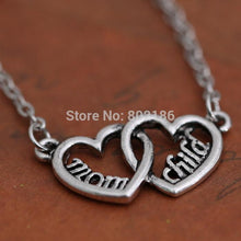 Antique Silver Mom and Child Double Heart Shaped Love Necklace Mother's Day