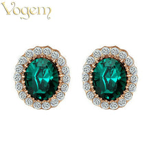 VOGEM Purple Green Blue Red Round Crystal Stud Earrings Vintage Flower Cubi