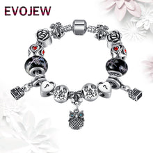 EVOJEW 925 Silver Vivid Owl Pendant Love Family Glass Charm Beads Charm Bra