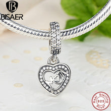 Romantic 925 Sterling Silver Clear CZ MOM SILVER DANGLE Heart Charms fit Pa