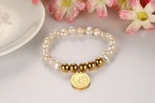 Women Real Pearl Bead Bracelets with Stainless Steel Pendant Gold Mother's