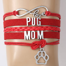 (10pcs/lot) Infinity Love PUG MOM Bracelet Dog Paw Charm Leather Rope Wrap