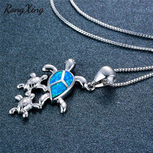 RongXing Mom & Baby Turtle Blue Fire Opal Pendants Necklaces For Women 925