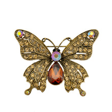 2" Vintage Butterfly Brooch Antique Gold Tone Rhinestone Crystal Diamante J